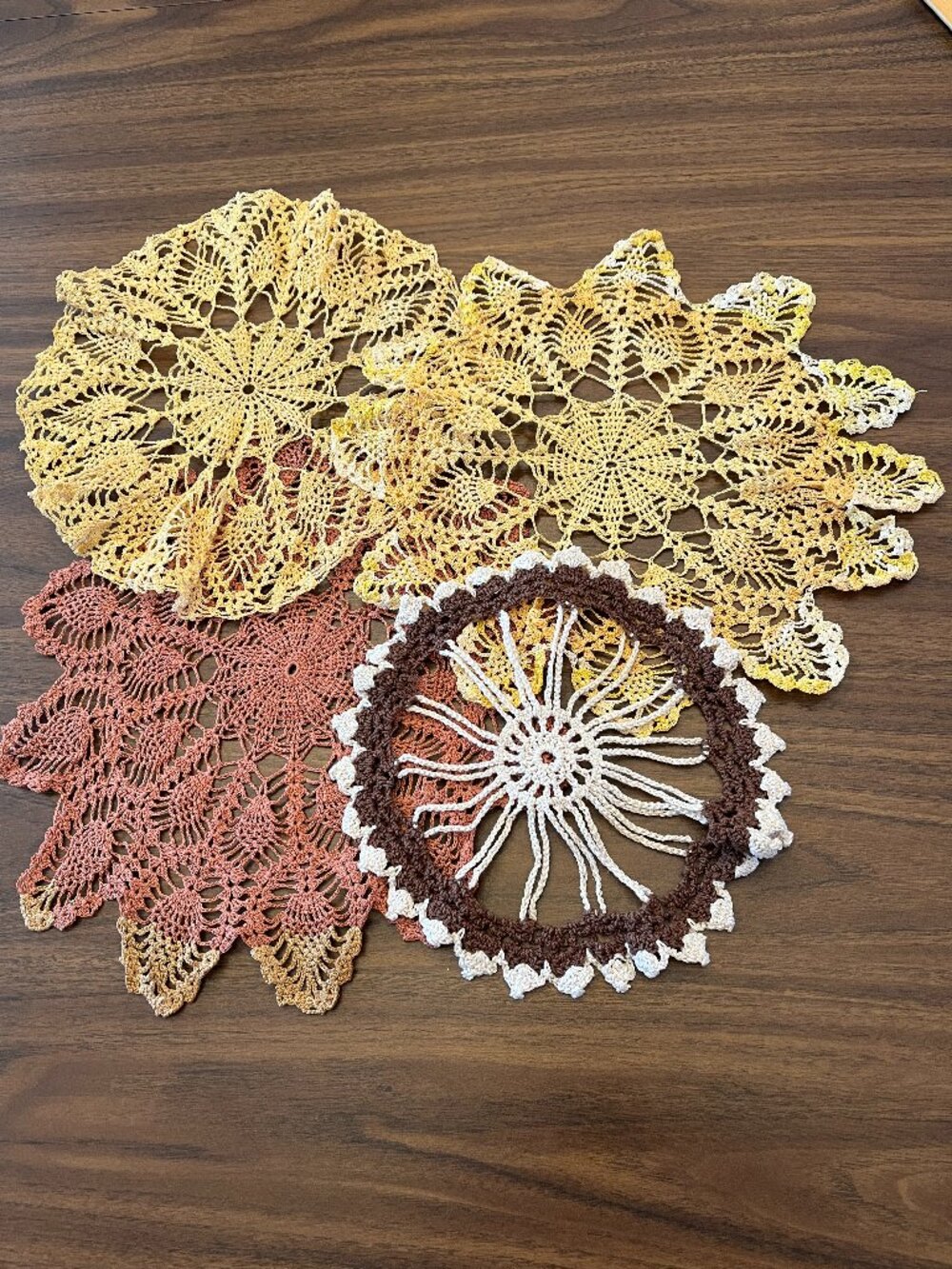 Handmade Vintage Crochet Doilies Brown Yellow Rust Lot of 4 Shabby Chic Grandma